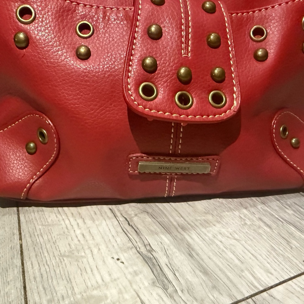 Vintage Y2K  Leather Red studded shoulder Women's Bag with gold accent. - Picture 9 of 9